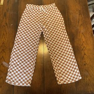 Rylee + Cru Girls 10-12y Burnt Orange And White Checkered Linen Blend Pants